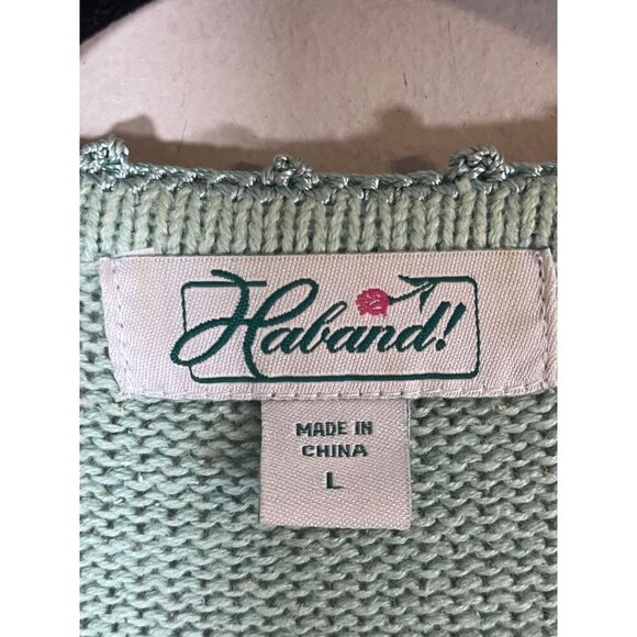 Vintage Knit Sweater L Green Patchwork Embroidery Retro Boho Classic Preppy 80s - Picture 2 of 16